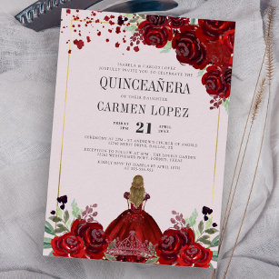 Burgundy Gold Floral Princess Birthday Quinceanera Invitation