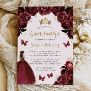Burgundy Gold Floral Princess Quinceañera Invitation