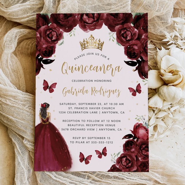 Burgundy Gold Floral Princess Quinceañera Invitation (Creator Uploaded)