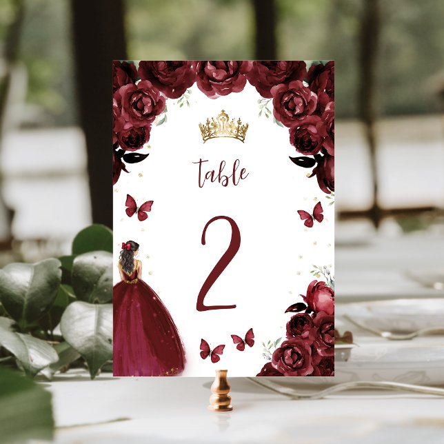 Burgundy Gold Floral Princess Quinceañera Table Number (Creator Uploaded)