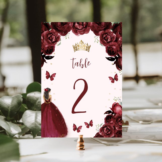 Burgundy Gold Floral Princess Quinceañera Table Number (Creator Uploaded)