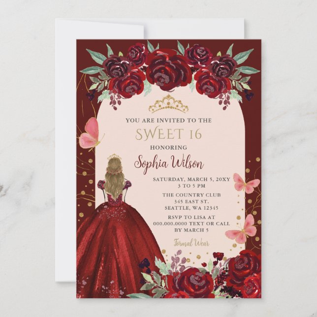 Burgundy Gold Floral Princess Sweet 16 Invitation (Front)