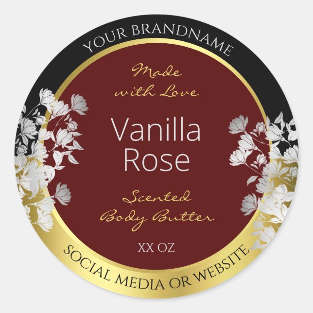Burgundy Gold Floral Product Labels Silver Flowers (Front)