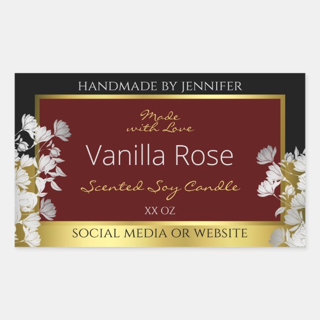 Burgundy Gold Floral Product Labels Silver Flowers (Front)