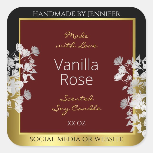 Burgundy Gold Floral Product Labels Silver Flowers (Front)