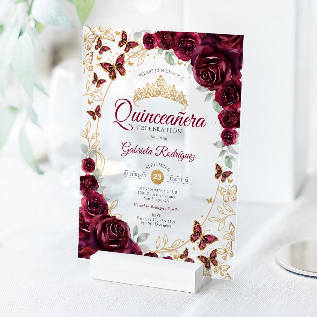 Burgundy Gold Floral Quinceanera Acrylic Invitations (Creator Uploaded)