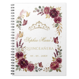 Burgundy Gold Floral Quinceañera Guest book
