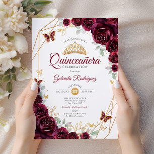 Burgundy Gold Floral Quinceanera Invitation