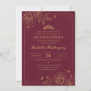 Burgundy Gold Floral Quinceañera Invitation