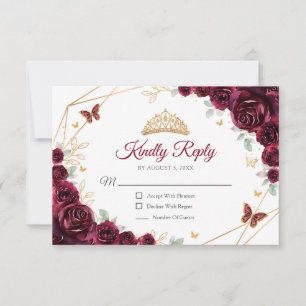 Burgundy Gold Floral Quinceanera Reply RSVP Card