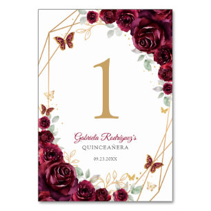 Burgundy Gold Floral Quinceanera Table Number