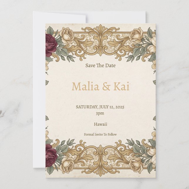 Burgundy Gold Floral Save the Date Card (Front)