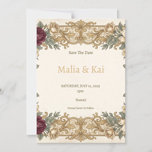 Burgundy Gold Floral Save the Date Magnet (Front)