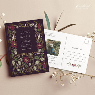 Burgundy Gold Floral Save The Date Postcard