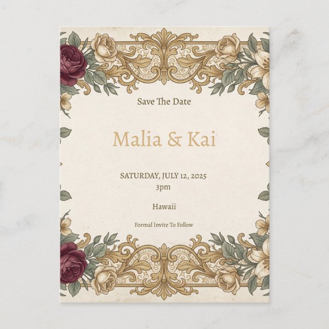 Burgundy Gold Floral Save the Date Postcard (Front)