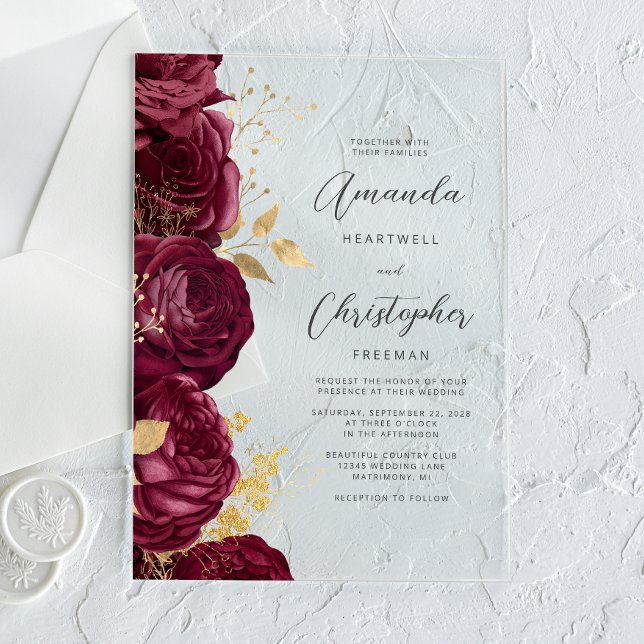 Burgundy Gold Floral Script Wedding Acrylic Invitations (Creator Uploaded)