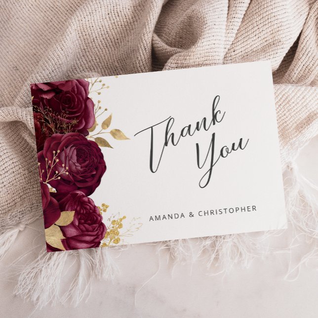 Burgundy Gold Floral Script Wedding Flat Thank You Card (Creator Uploaded)
