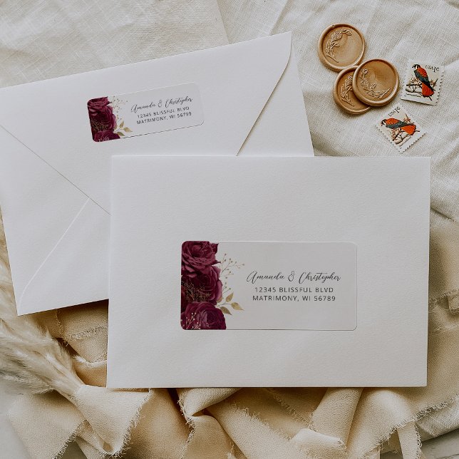 Burgundy Gold Floral Script Wedding Return Address (Creator Uploaded)