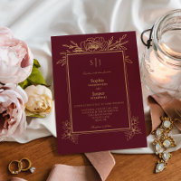 Burgundy Gold Floral Simple Monogram Wedding