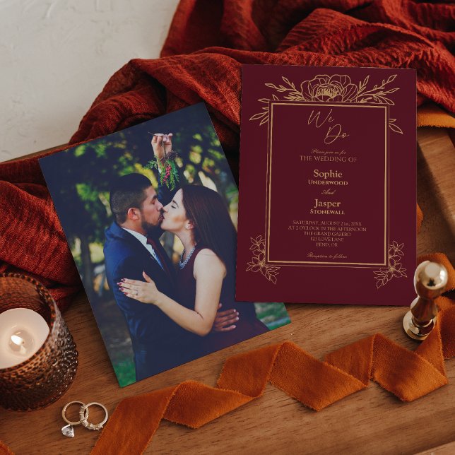 Burgundy Gold Floral Simple We Do Photo Wedding Invitation (Creator Uploaded)