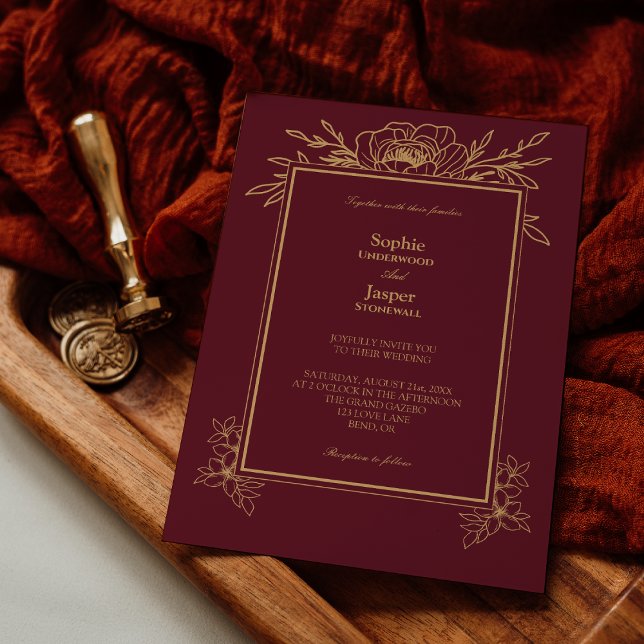 Burgundy Gold Floral Simple Wedding Invitation (Creator Uploaded)