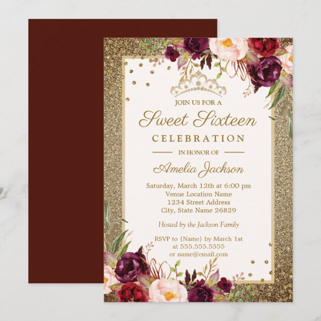 Burgundy Gold floral Sparkle Sweet Sixteen Invitation (Front/Back)