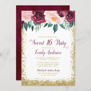 Burgundy Gold Floral Sweet 16 Party Invitation