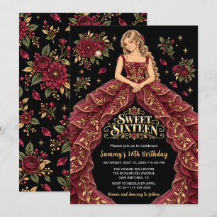Burgundy Gold Floral Sweet Sixteen Birthday Invitation