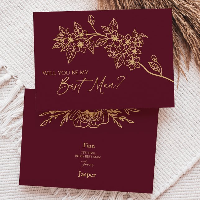 Burgundy Gold Floral Wedding Best Man Proposal Invitation (Creator Uploaded)