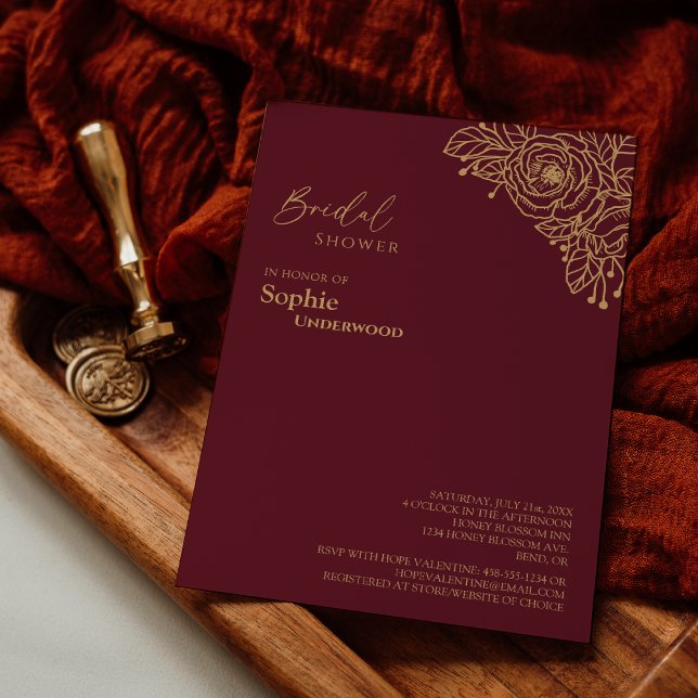Burgundy Gold Floral Wedding Bridal Shower Invitation (Creator Uploaded)