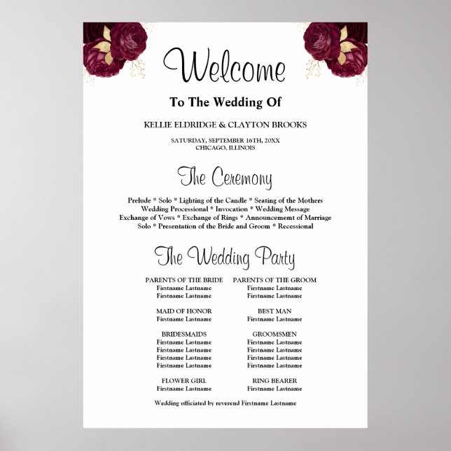Burgundy/Gold Floral Wedding Ceremony Program Sign (Front)