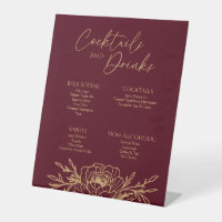 Burgundy Gold Floral Wedding Drinks Bar Sign