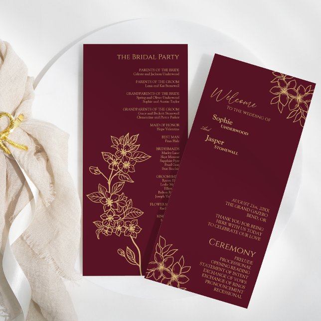 Burgundy Gold Floral Wedding Flat Program Programme (Creator Uploaded)