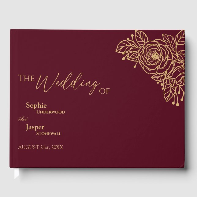 Burgundy Gold Floral Wedding Guest Book (Front)