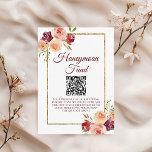 Burgundy Gold Floral Wedding Honeymoon Fund Enclosure Card<br><div class="desc">Elegant burgundy floral wedding honeymoon fund enclosure card with a beautiful peach peony watercolor flower bouquet decorating the gorgeous faux glitter gold frame surrounding the lovely typography and your custom website QR code.</div>