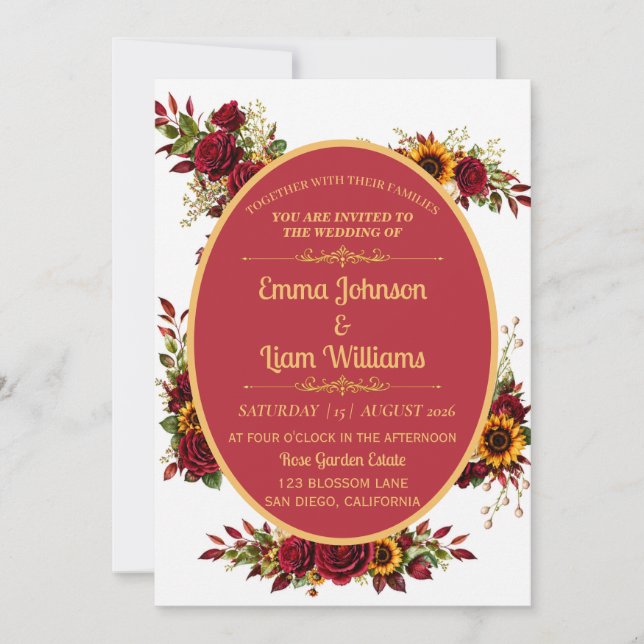 Burgundy Gold Floral Wedding Invitation (Front)