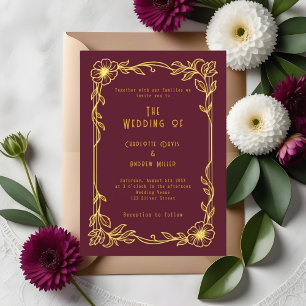 Burgundy gold floral wedding invitation