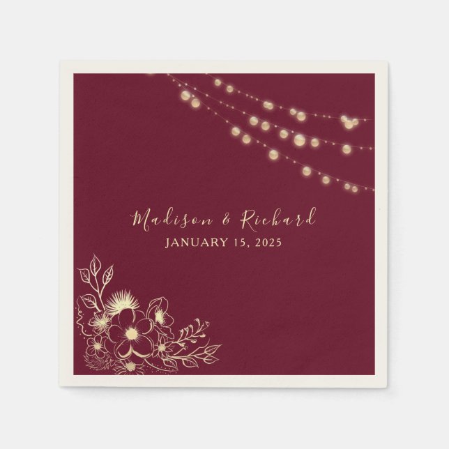 Burgundy Gold Floral Wedding Napkins (Front)