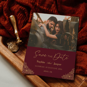 Burgundy Gold Floral Wedding Photo Save The Date