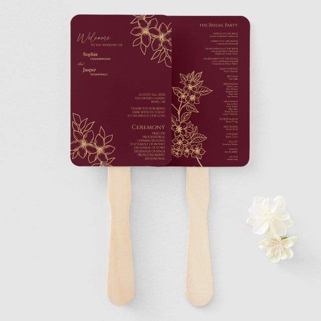 Burgundy Gold Floral Wedding Program Fan (Front and Back)