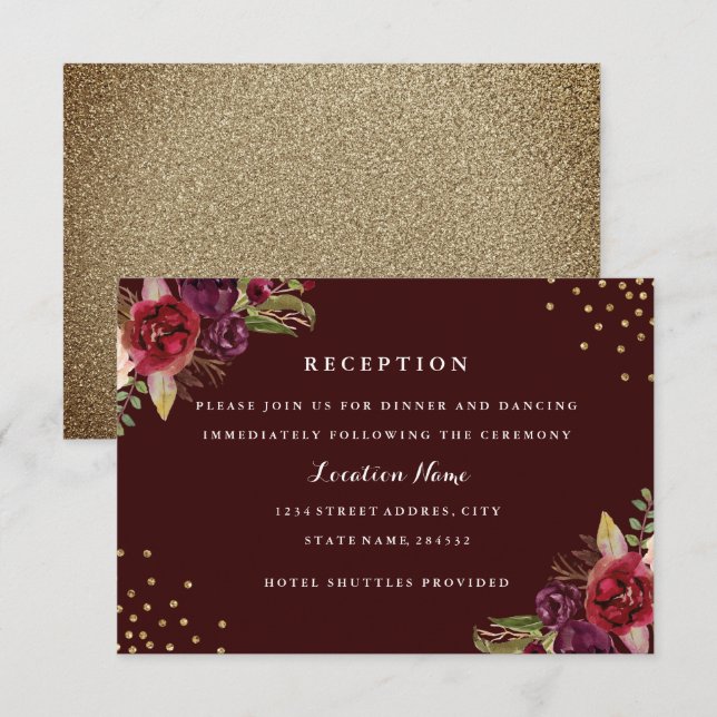 Burgundy Gold Floral Wedding Reception Card (Front/Back)