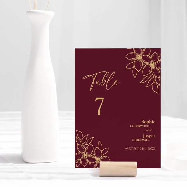 Burgundy Gold Floral Wedding Table Number Card (Creator Uploaded)