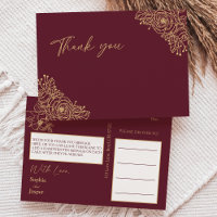 Burgundy Gold Floral Wedding Thank You Postcard