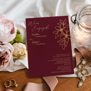 Burgundy Gold Floral We're Engaged Engagement Invitation