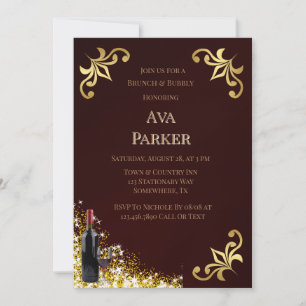 Burgundy Gold Flourish Glitter Brunch & Bubbly Invitation