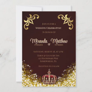 Burgundy Gold Flourish Glitter Royal Wedding Invitation