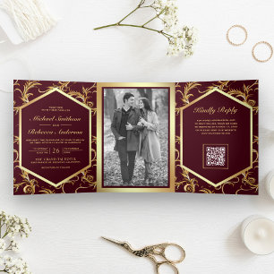 Burgundy Gold Flourish Swirl Photo QR Code Wedding Tri-Fold Invitation