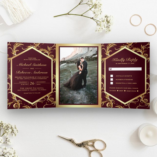 Burgundy Gold Flourish Swirl Wedding Photo Tri-Fold Invitation (Creator Uploaded)