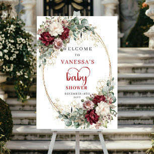 Burgundy Gold Flowers Baby Shower Welcome Sign