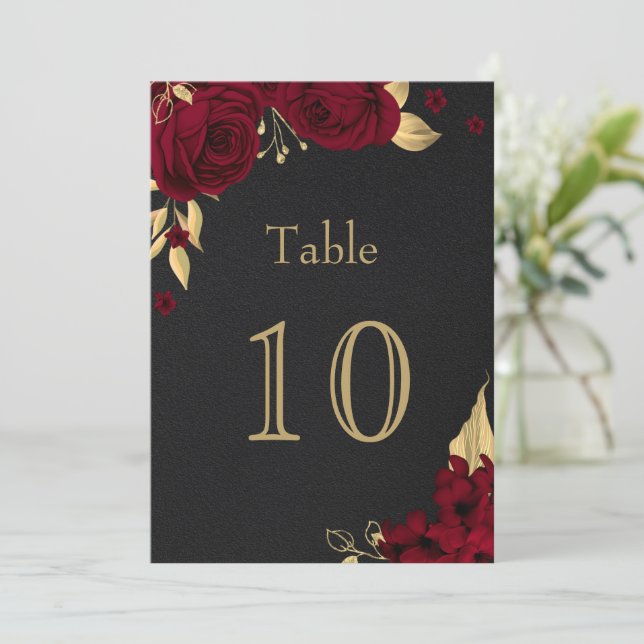 burgundy gold flowers black table number (Standing Front)